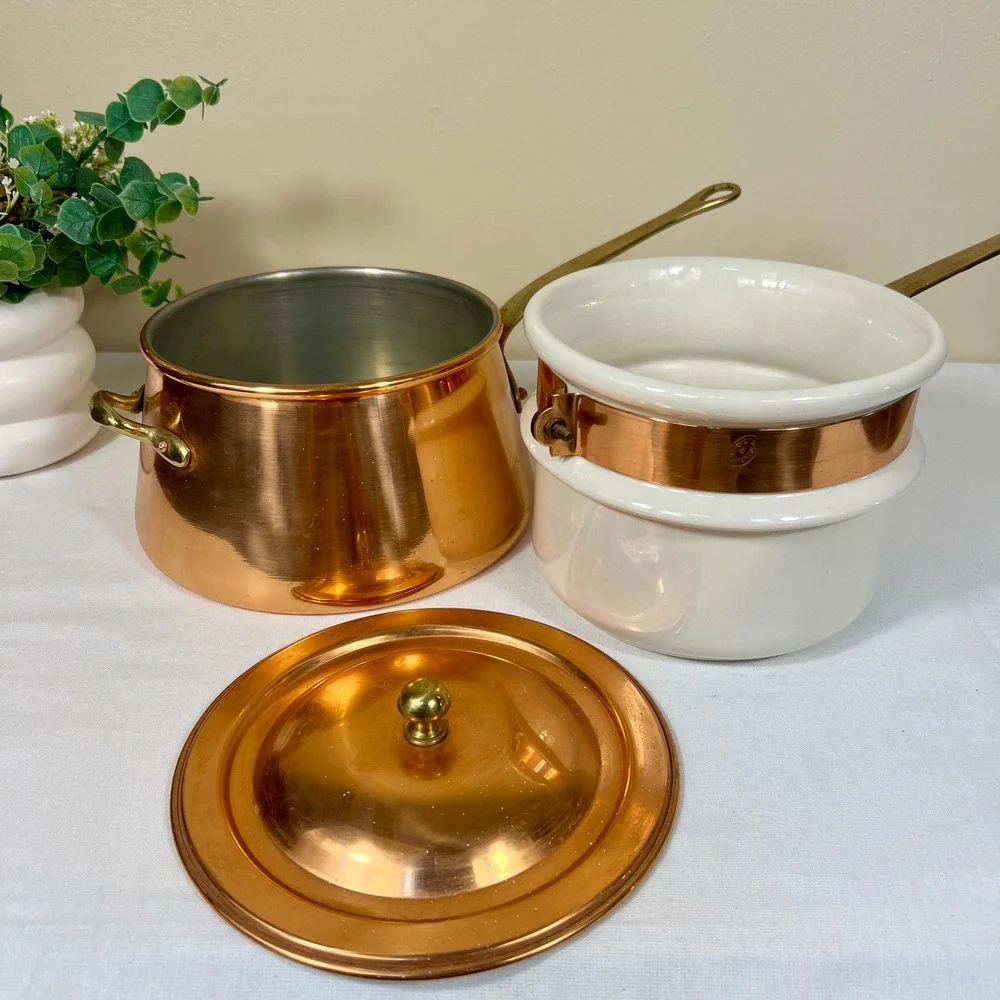 Vintage Copper Double Boiler With Brass Handles | 3 Piece Set